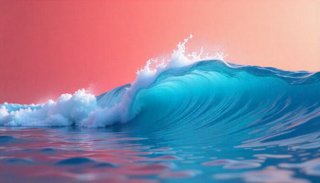 Dramatic ocean wave curling with splash against coral sky