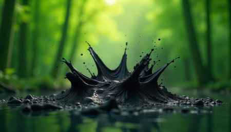 Mud explosion in a shallow forest pond at daytime