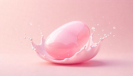 Pink egg and liquid splash abstract scene against gradient