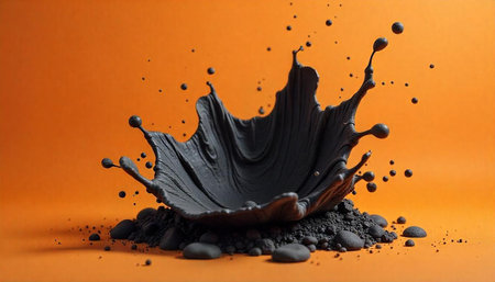 Dramatic black liquid splash against vibrant orange background