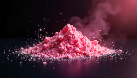 Pile of pink powder on black background with particles