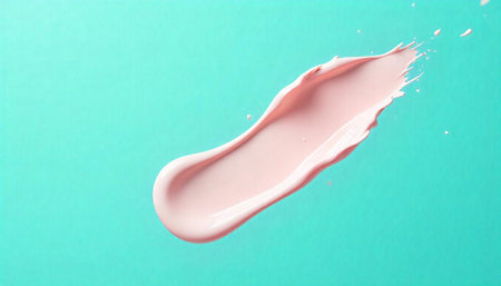 Cosmetic pink cream smear on bright turquoise background