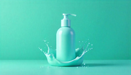 Turquoise Bottle Mockup with Liquid Splash for Cosmetic Products