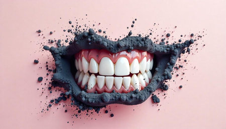 Surreal dental art with charcoal effect on pink background