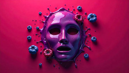 Dramatic purple face mask surrounded by blueberries and raspberries
