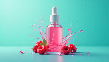 Raspberry serum bottle with splash on an aqua background