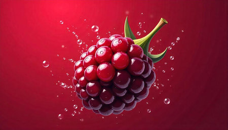Fresh raspberry art with water drops on red background