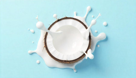 Coconut with milk splash on a bright blue background
