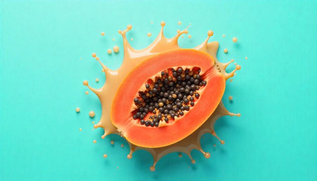 Bright halved papaya with liquid splash on light backgroundの写真素材