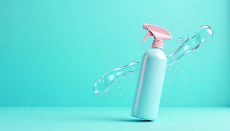 Spray bottle with water splash on pastel turquoise background
