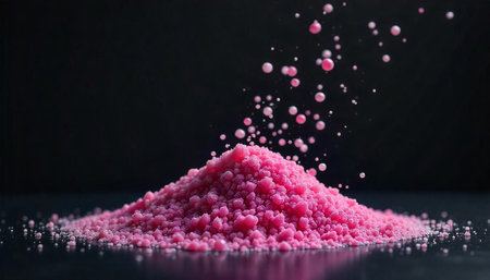 Pile of pink spherical grains with airborne smaller spheres