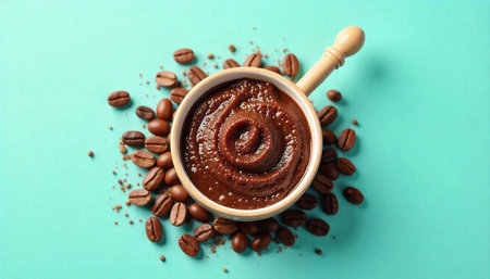 Coffee paste in a small pot surrounded by coffee beans