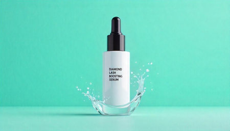 Lash boosting serum with splash on light teal background