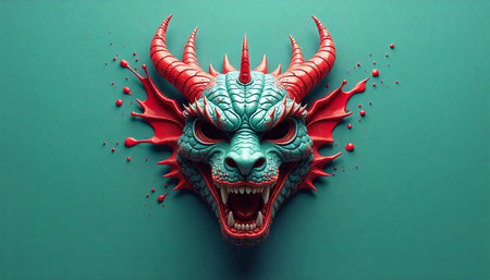 Detailed dragon head with turquoise scales and red accents