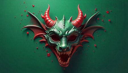 Red and green dragon mask on a monochrome background