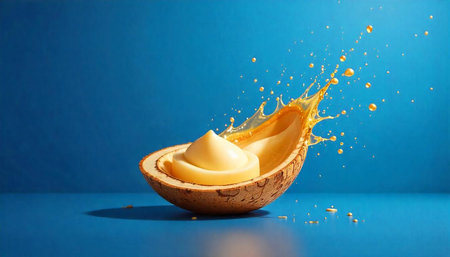 Coconut with cream and splashing juice on blue backdropの写真素材