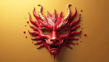 Ornate red dragon mask isolated on golden background