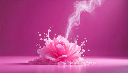 Pink flower with liquid and smoke on pink background