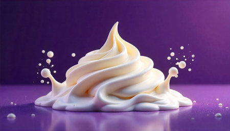 Creamy white soft serve with splashes on purple backgroundの写真素材