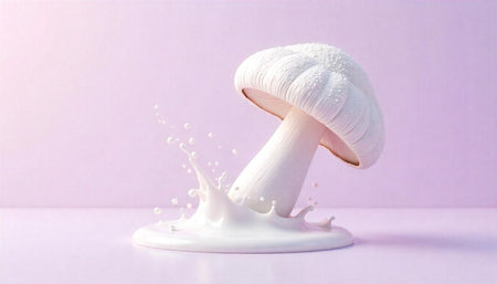 Mushroom and Milk Splash Against a Lavender Background