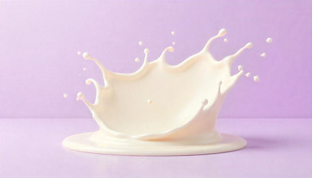 Creamy white liquid splash on a smooth purple surfaceの写真素材