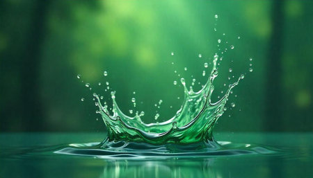 Green water crown explosion with circular ripples around center