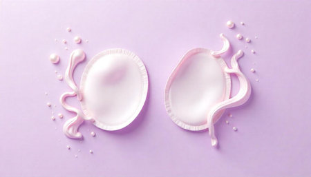 Two cosmetic pads with pearlescent cream on light purple background