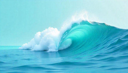 Perfect turquoise ocean wave breaking with white foam crest