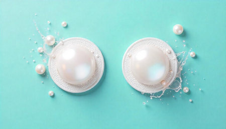 Elegant pearl beauty product on pastel aqua background layout