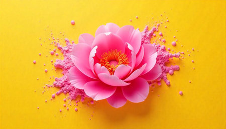 Radiant pink flower surrounded by vibrant pink powder dust