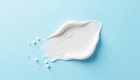 Cosmetic cream swatch with pearl beads on blue background