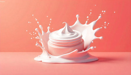 Cosmetic cream jar with splashes on a pink background