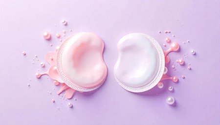 Two cosmetic pads with cream on purple background