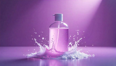 Elegant bottle with liquid and splash in purple hues