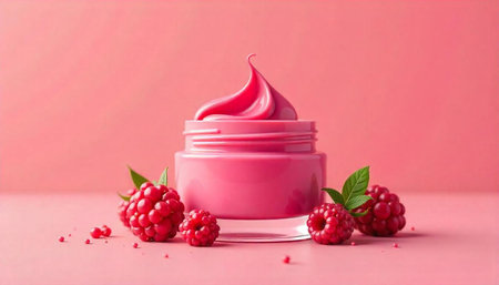 Raspberry cream in a jar with surrounding fresh berries