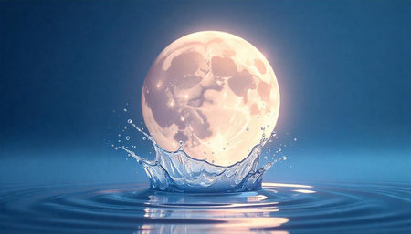 Lunar sphere drops into water creating ripples and splashの写真素材