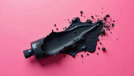 Black pigment tube bursts open against vivid pink backdrop