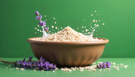 Bowl of oats with lavender and splashes of milk