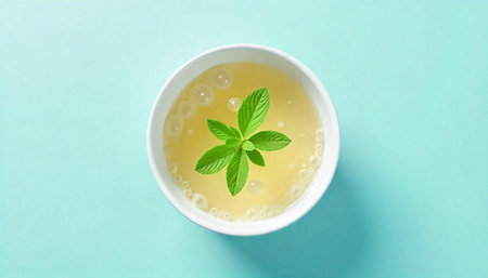 Mint infused drink with bubbles in white bowl