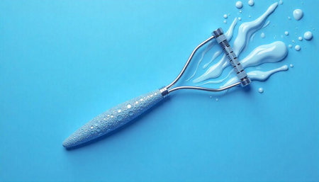 Decorative tweezing tool with light blue swirls on backgroundの写真素材