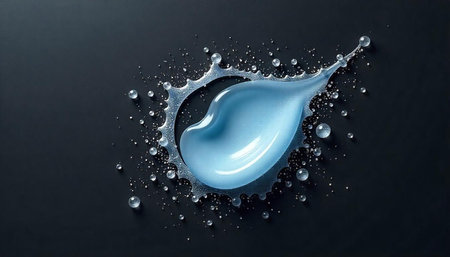 Blue gel splash with water droplets on dark surface