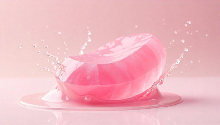 Pink soap with water splashing around, gentle studio shot