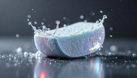 Water splash over iridescent sphere reflecting on dark surface