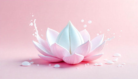 Elegant pink and white lotus flower with milk splashesの写真素材