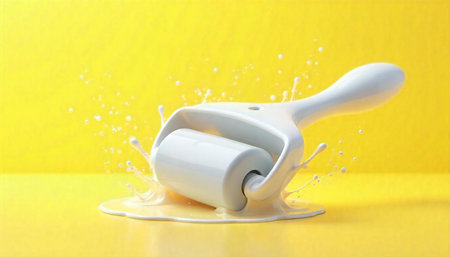 White paint roller splashing in white paint on yellow surface