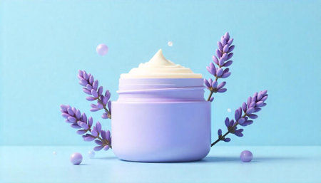 Lavender cream jar with lavender sprigs and pastel backdrop