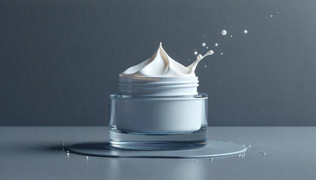 Elegant skincare cream jar with splash on a neutral backgroundの写真素材