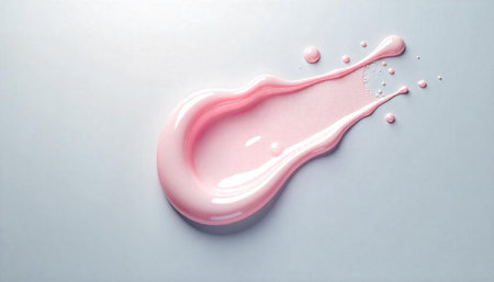 Pink creamy texture on neutral backdrop with liquid drops