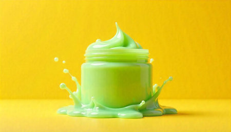 Green cosmetic cream jar with dynamic splashing background
