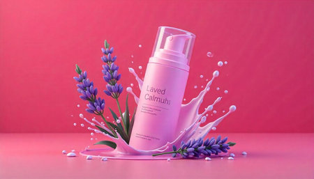 Cosmetic product with floral accents on pink background display